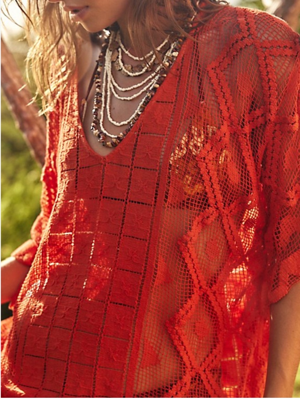 FREE PEOPLE WOMENS SUNSHINE CROCHET KAFTAN PONCHO COVERUP RED ONE SIZE FITS ALL